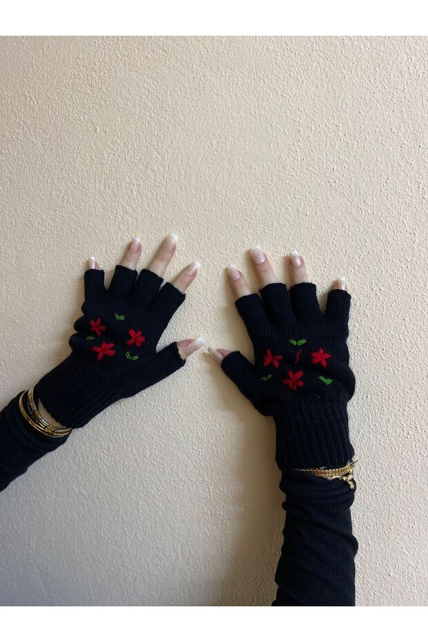 Black Handmade Red Flower Embroidered Cut Fingers Gloves - Design Fingerless Gloves - Gift