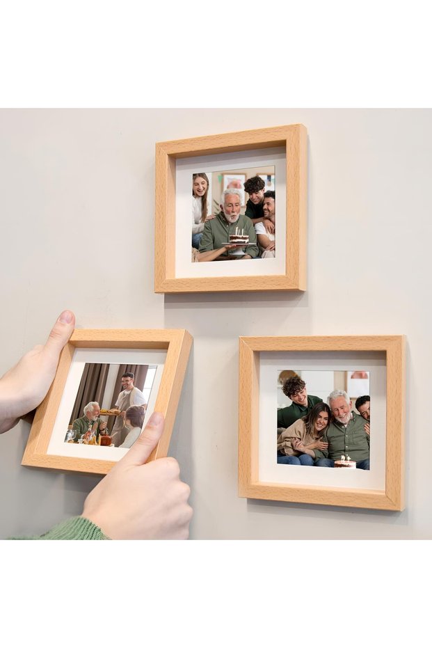 Wood 14X14Cm Pola Square Photo Frame with Adhesive Disconnect and Paspart - Pack of 3