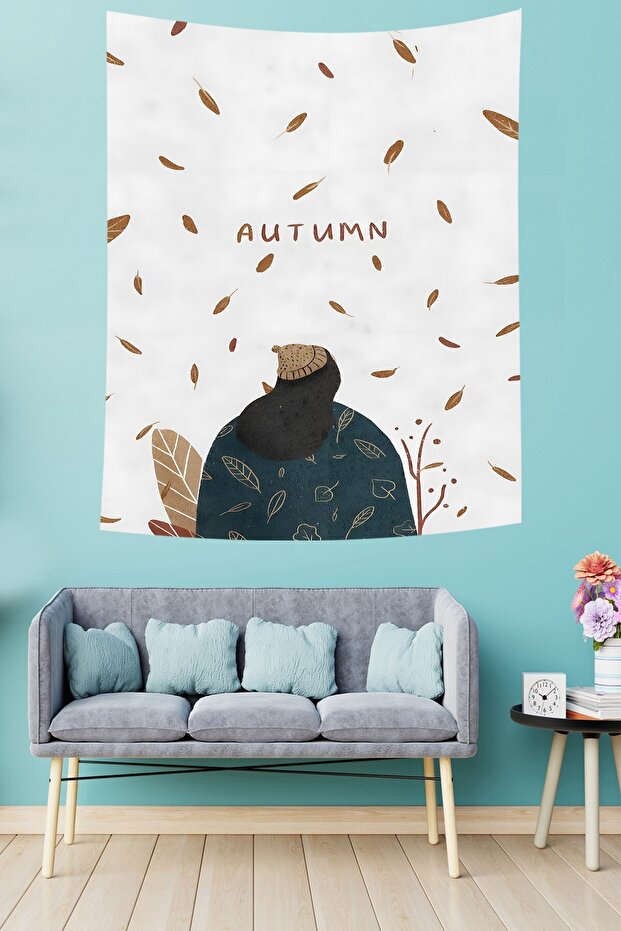 Sonbahar Temalı Yaprak Kadın Desenli Leke Tutmaz Kumaş Duvar Örtüsü Duvar Halısı Tapestry - 1