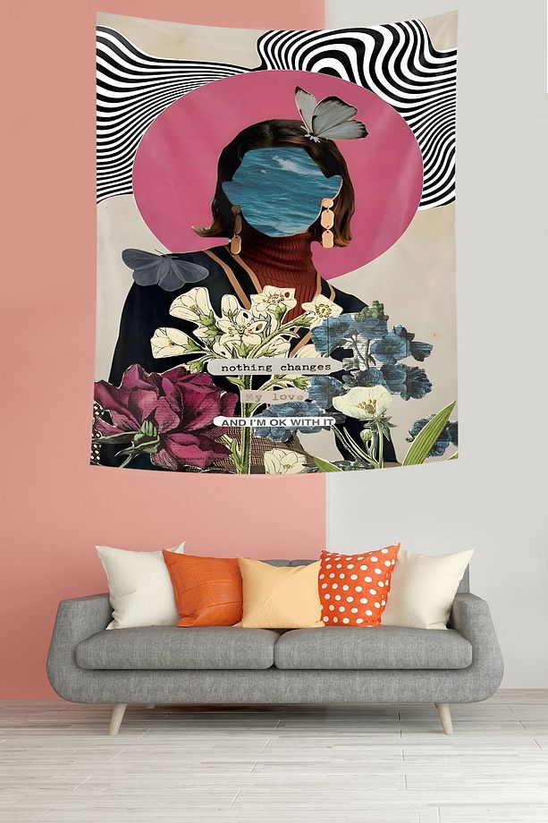 Pop Art Soyut Kadın ve Çiçekleri Leke Tutmaz Kumaş Duvar Örtüsü Duvar Halısı Tapestry - 2