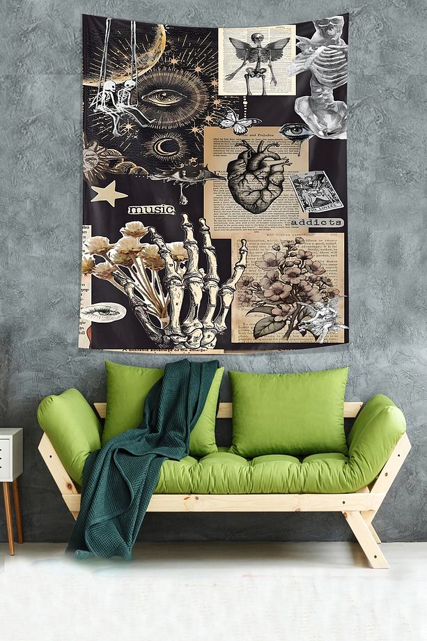 Vintage Tema İskelet Kalp Göz Desenli Leke Tutmaz Kumaş Duvar Örtüsü Duvar Halısı Tapestry - 2