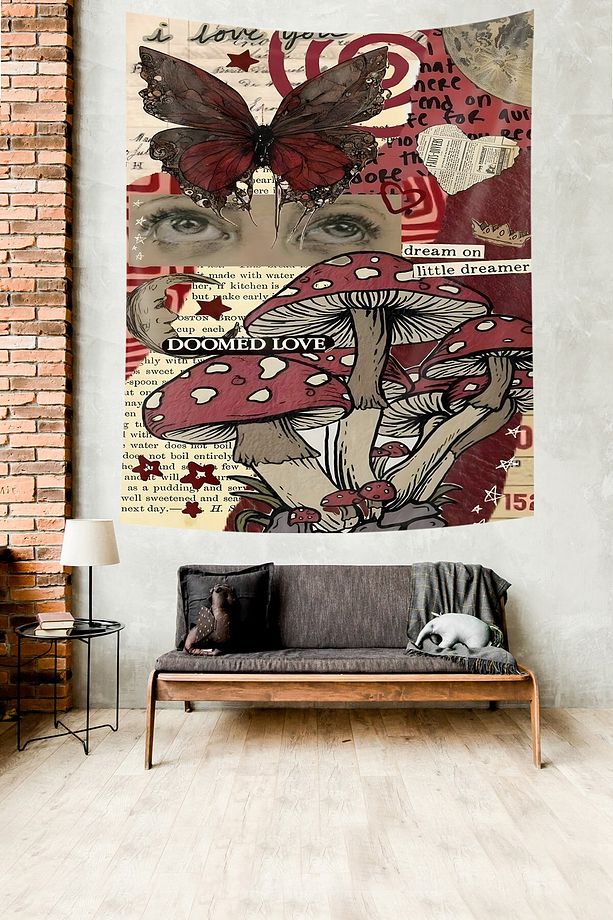 Doomed Love Bordo Mantar Desenli Leke Tutmaz Kumaş Duvar Örtüsü Duvar Halısı Tapestry - 1