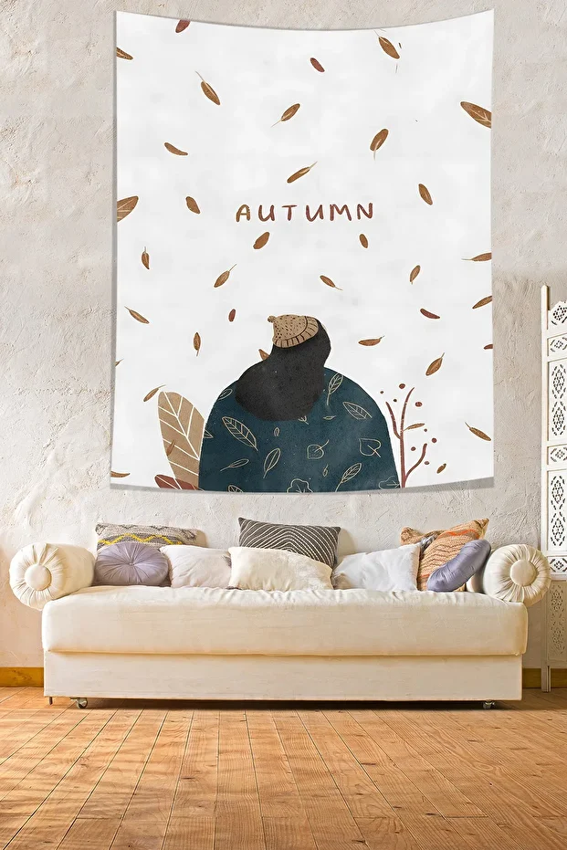 Sonbahar Temalı Yaprak Kadın Desenli Leke Tutmaz Kumaş Duvar Örtüsü Duvar Halısı Tapestry - 2