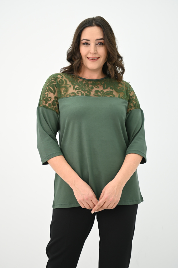 Women's Plus Size Velvet Tulle Detail Blouse 1856-2
