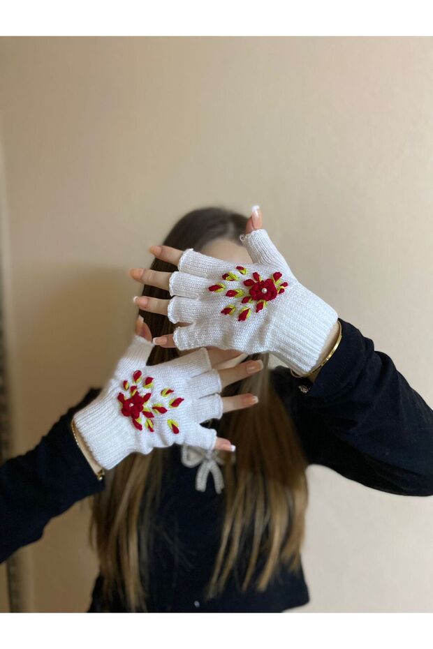 White Handmade Flower Embroidered Pearls Cut Fingers Gloves - Design Fingerless Gloves - Gift