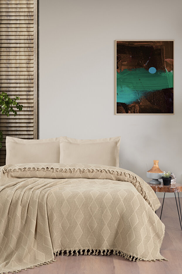 Double Beige Jacquard Pattern Cotton Pique 220X240 cm / 4 Seasons