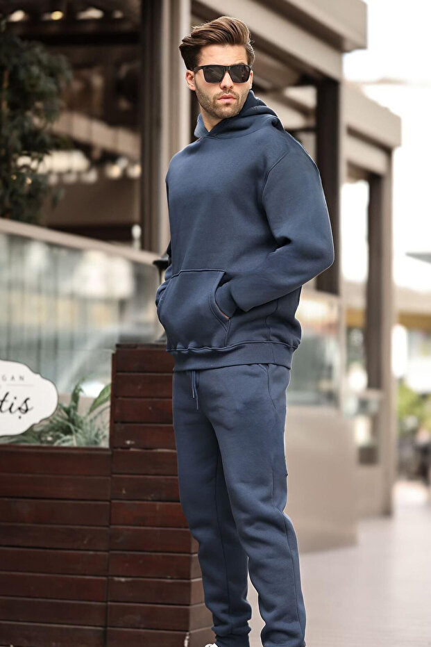 Men's Oversize Hooded Kangaroo Pocket 3 Thread Raised Thick Tracksuit Set
