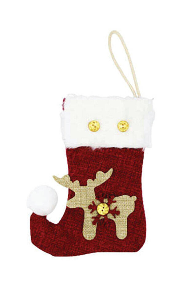 Christmas Stocking Small with Deer Figure and Pompom Made of Jute Fabric