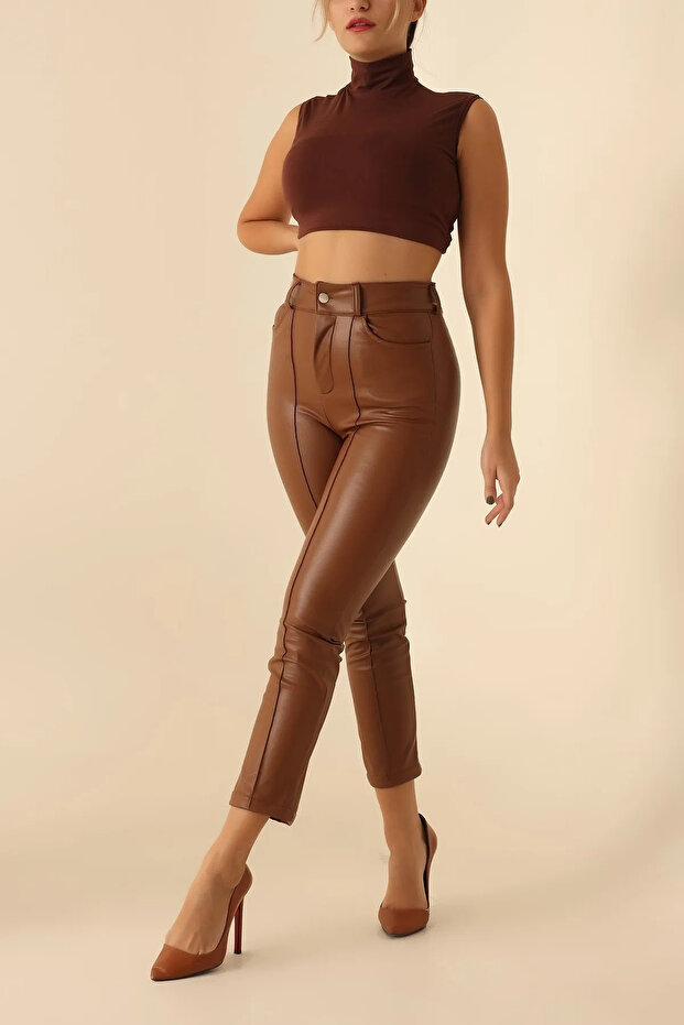 Full Stretchy High Waist Leather Pants with Fleece Covered Inside