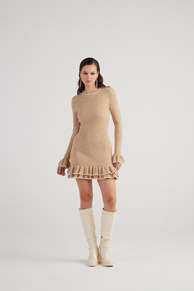 Ruffled Special Textured Mini Rebeca Knitwear Dress Beige