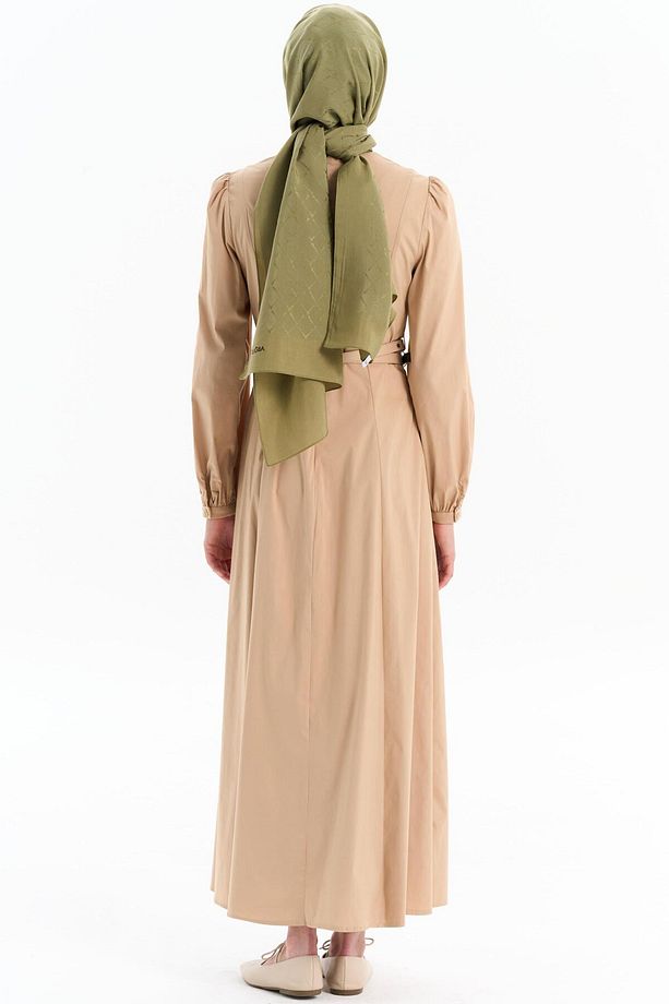 Çift Kat Kemerli Elbise - Camel - 6