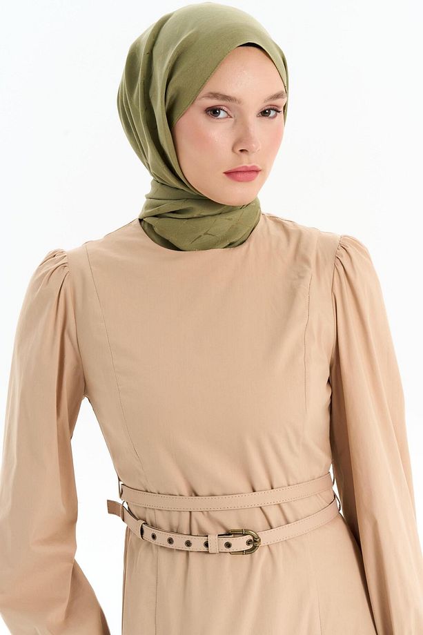 Çift Kat Kemerli Elbise - Camel - 5