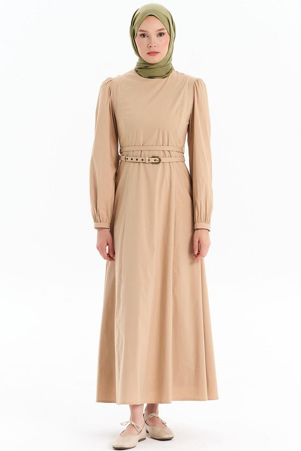 Çift Kat Kemerli Elbise - Camel - 1
