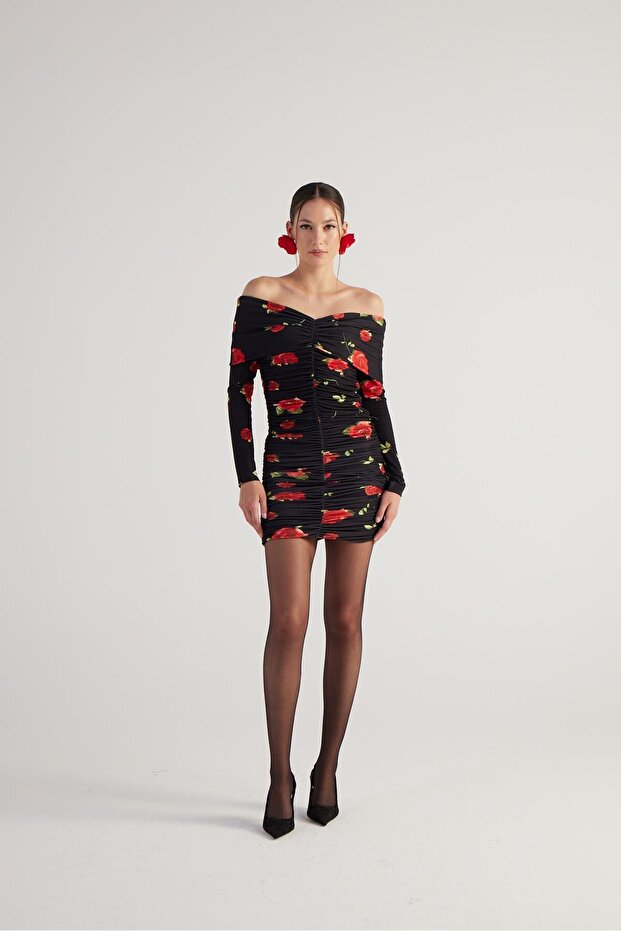 Madonna Collar Rose Patterned Draped Mini Rosalinda Dress Black