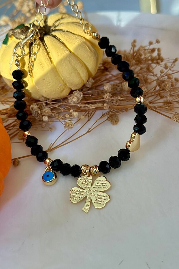 Black Crystal Beaded Evil Eye, Clover and Heart Detailed Bracelet