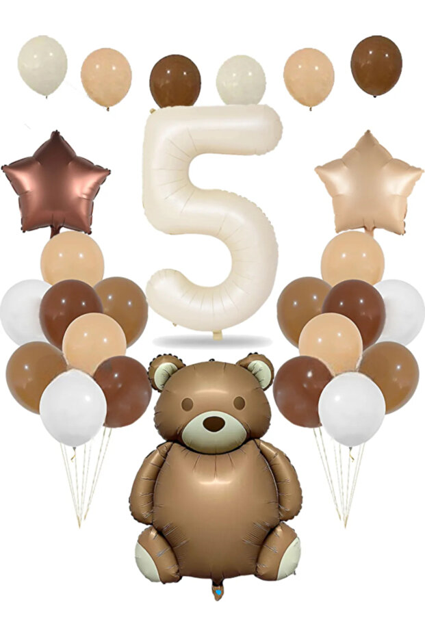 Retro Bear Foil Balloon Cream Numeral Foil Balloon Retro Star Foil Birthday Balloon Set - 5 Years Old