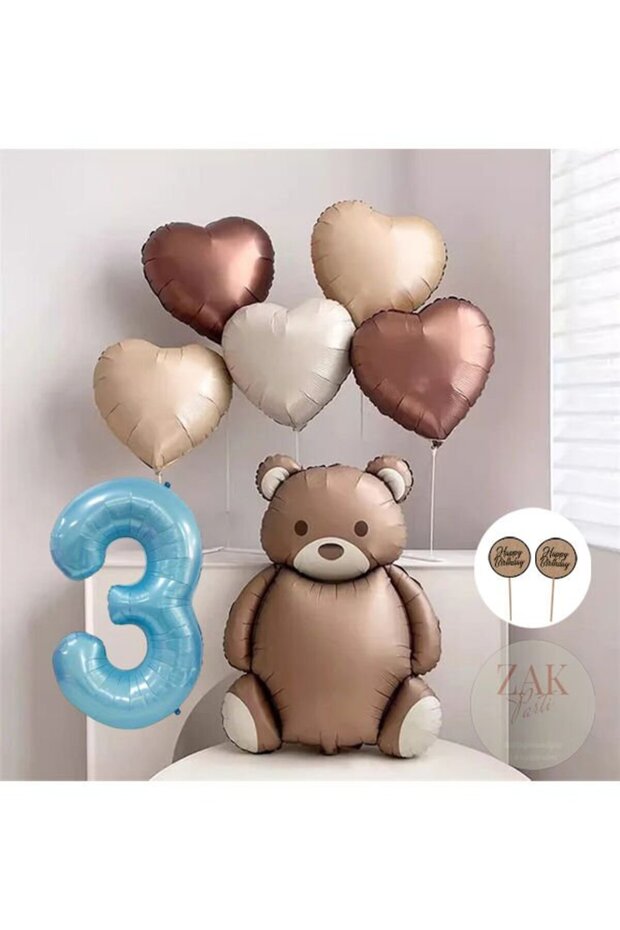 Retro Bear Blue Heart Number Foil Balloon Birthday Balloon Set-3 Years Old