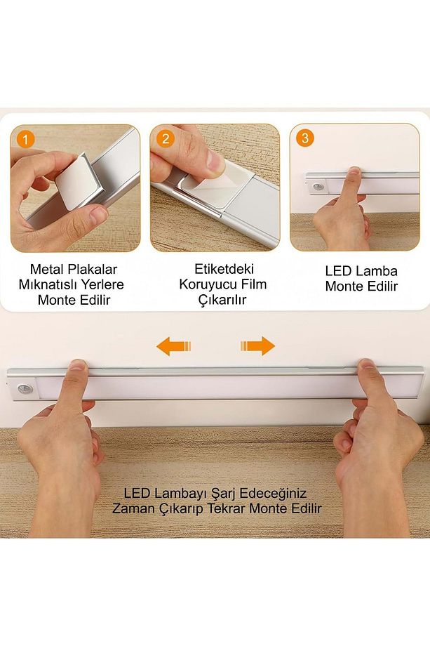 40cm Sensörlü Alüminyum USB Şarjlı LED Gece Lambası 3 Renk Kısılabilir Mutfak Dolap Tezgah - 5