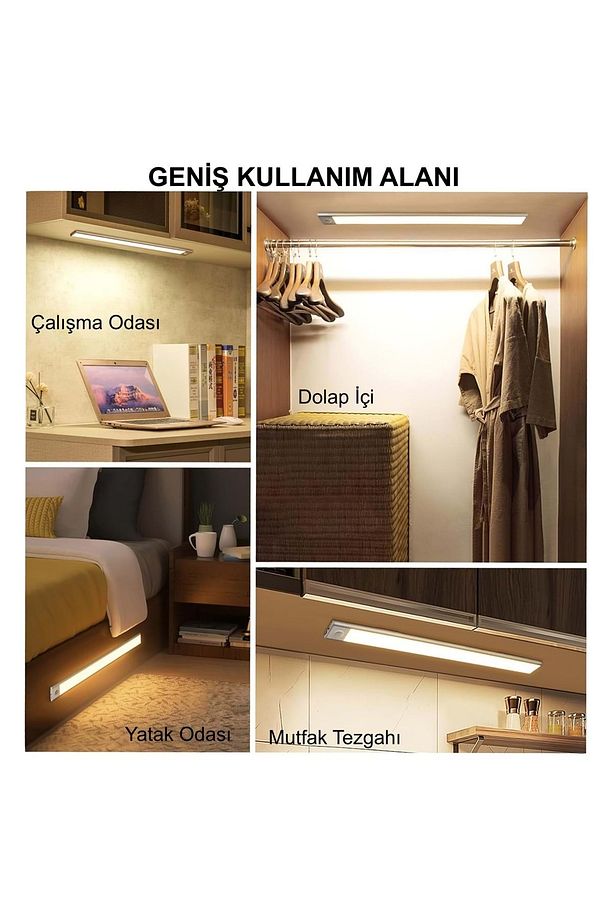 40cm Sensörlü Alüminyum USB Şarjlı LED Gece Lambası 3 Renk Kısılabilir Mutfak Dolap Tezgah - 7