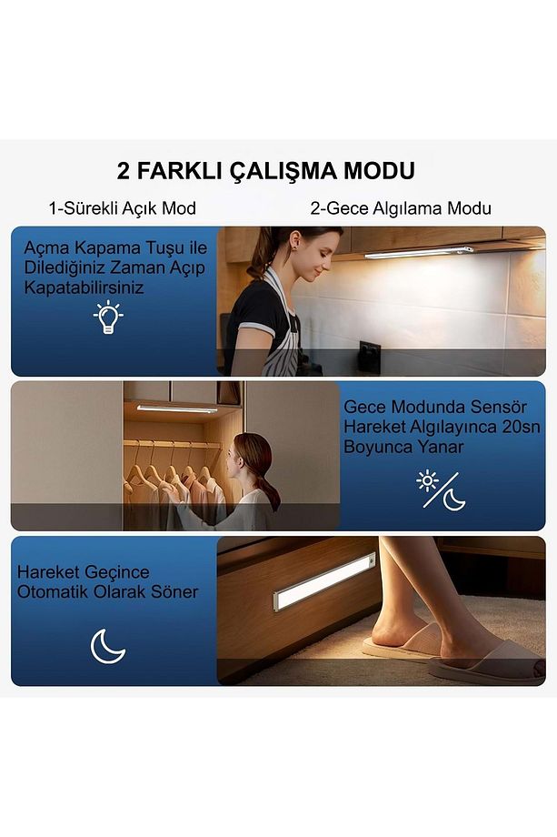 40cm Sensörlü Alüminyum USB Şarjlı LED Gece Lambası 3 Renk Kısılabilir Mutfak Dolap Tezgah - 6