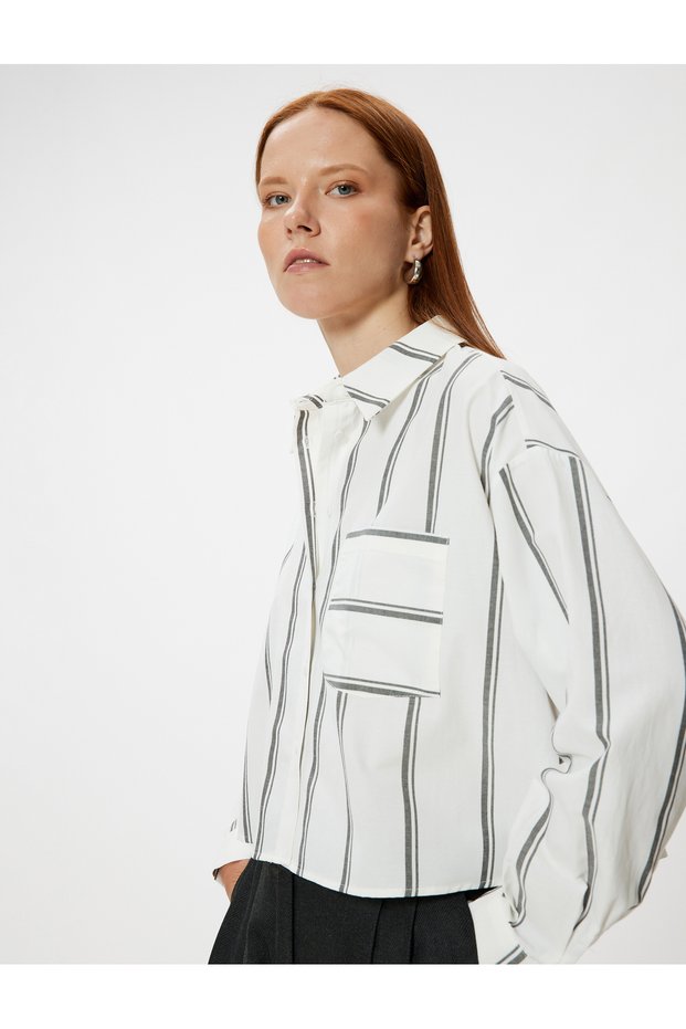 Crop Poplin Shirt Long Sleeve Pocket Detail Cotton