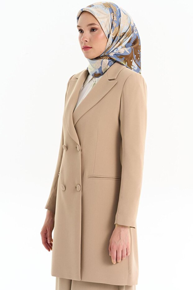 Kruvaze Düğmeli Uzun Basic Ceket - Bej - 4