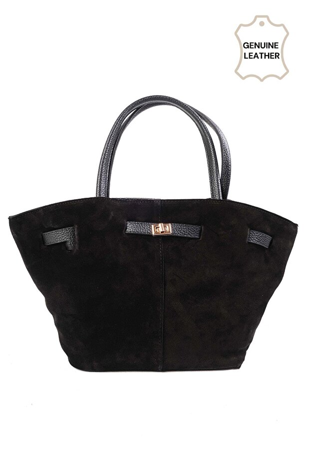 Genuine Suede Black Color Drawstring Detailed Hand and Women's Shoulder Bag