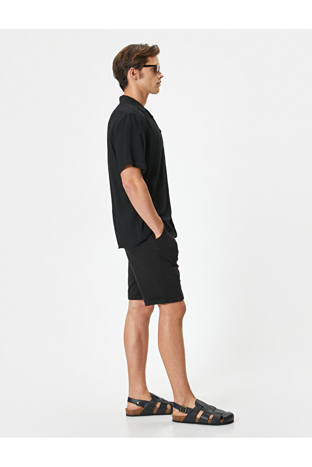 Fabric Shorts Bermuda Chino Slim Fit Buttoned Pockets Folded Hem