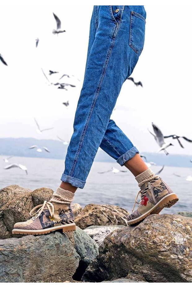 Women's Vegan Leather Beige Zippered Short Boots - Reimagine Design