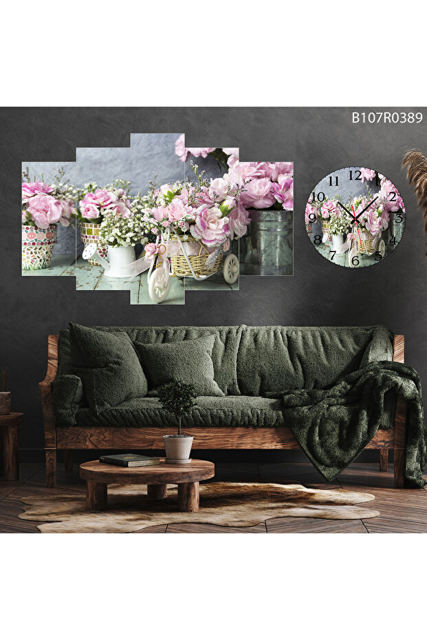 Parçalı Ahşap Duvar Tablo 5 Parça Set Ve saatli - 1