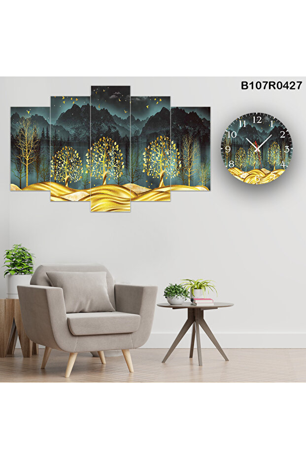 Parçalı Ahşap Duvar Tablo 5 Parça Set Ve saatli - 1