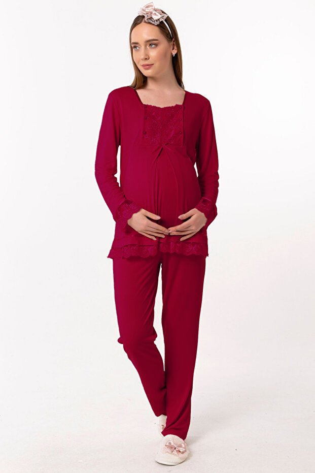 Cotton Maternity and Postpartum Pajama Set with Nursing Features for Prenatal and Postnatal Use Effortt - Cherry