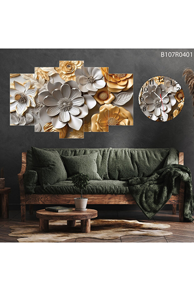 Parçalı Ahşap Duvar Tablo 5 Parça Set Ve saatli - 1