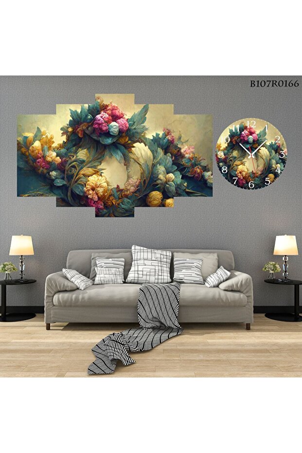 Parçalı Ahşap Duvar Tablo 5 Parça Set Ve Saatli - 1