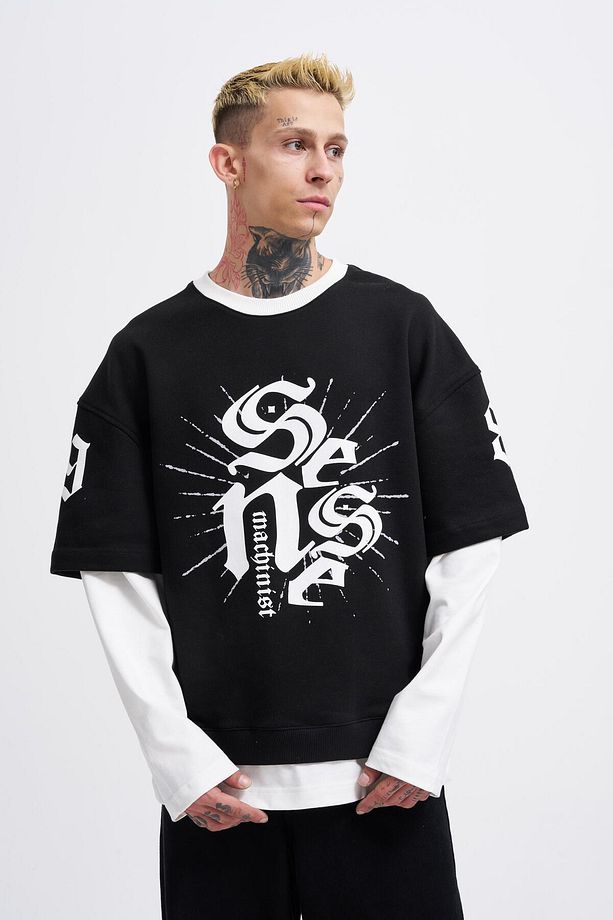 Erkek Contrast Layerd Siyah Ekru Sweatshirt - 4
