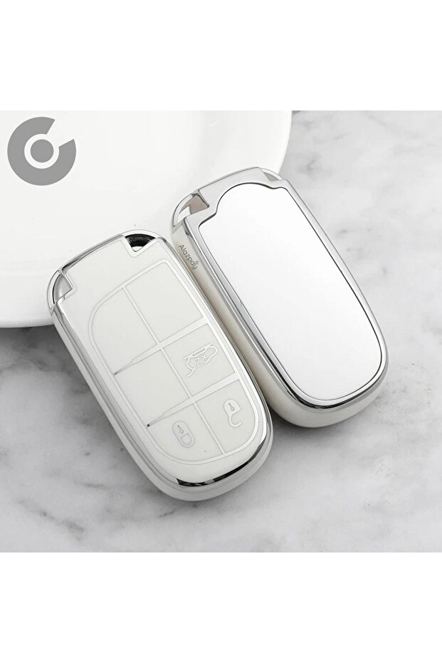 Fiat, Jeep Compatible Egea Cross 500X Grand Cherokee Wrangler Renegade Compass R300C Silver Edge Tpu Key Case Cover (White)