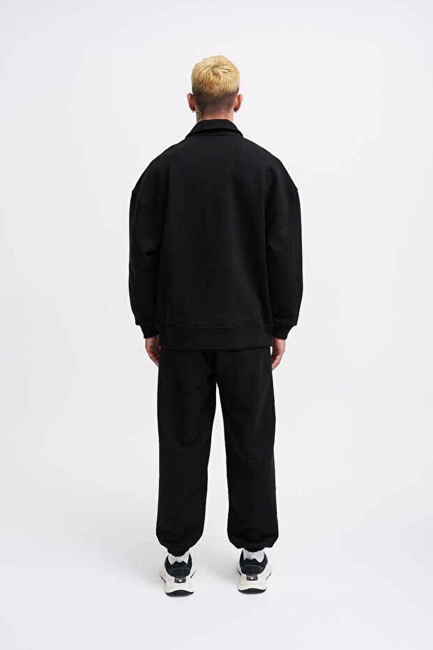 Erkek Basic Diagonal Polo Siyah Sweatshirt - 5