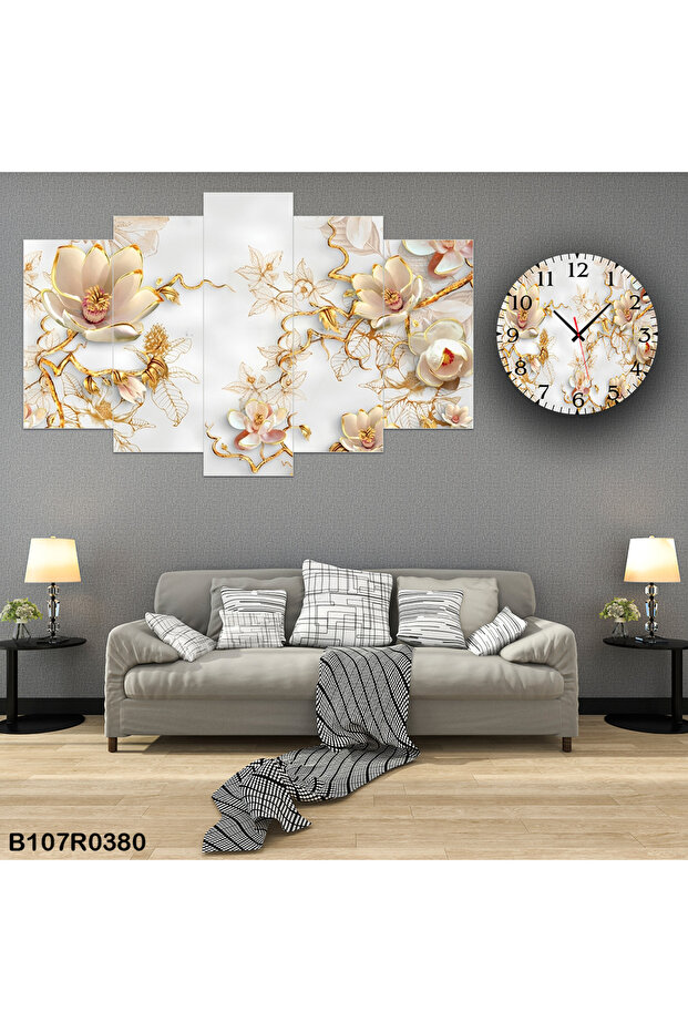 Parçalı Ahşap Duvar Tablo 5 Parça Set Ve saatli - 1