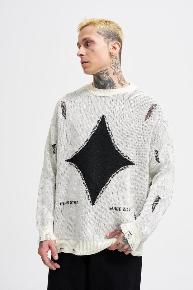 Erkek Patterned Ekru Kazak - 3