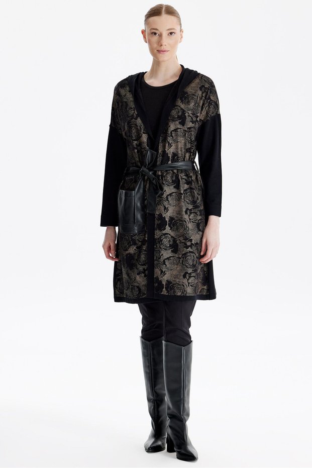 Black Rose Patterned Leather Cardigan