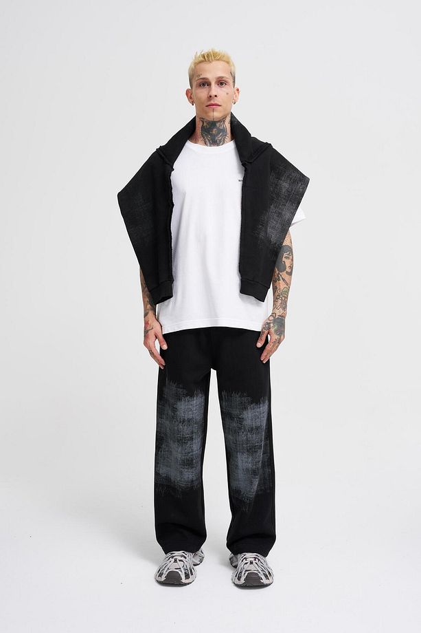 Erkek Distressed Printed Baggy Siyah Eşofman Altı - 7