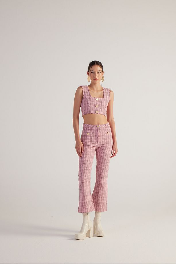 İspanyol Kesim Tüvit Tweed Pantolon Pembe - 1