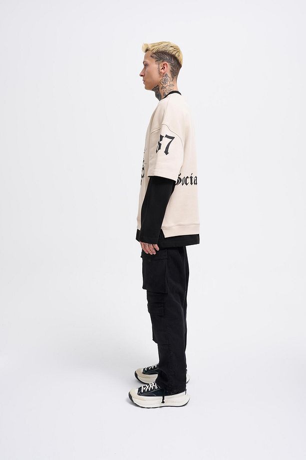Erkek Contrast Layerd Açık Bej Siyah Sweatshirt - 2