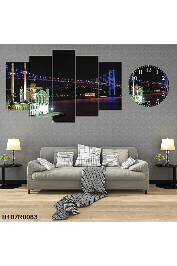 Parçalı Ahşap Duvar Tablo 5 Parça Set Ve Saatli - 1