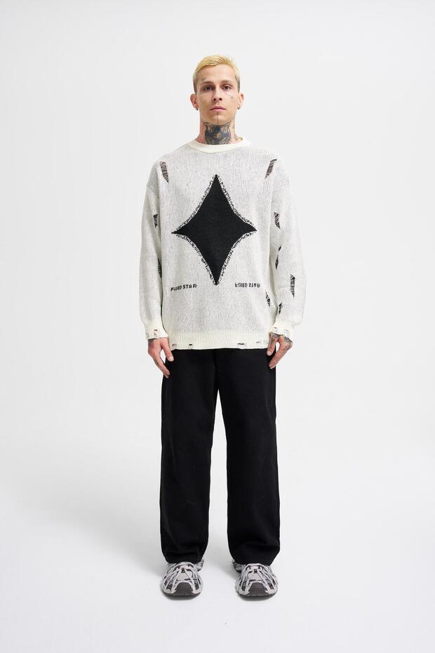 Erkek Patterned Ekru Kazak - 5