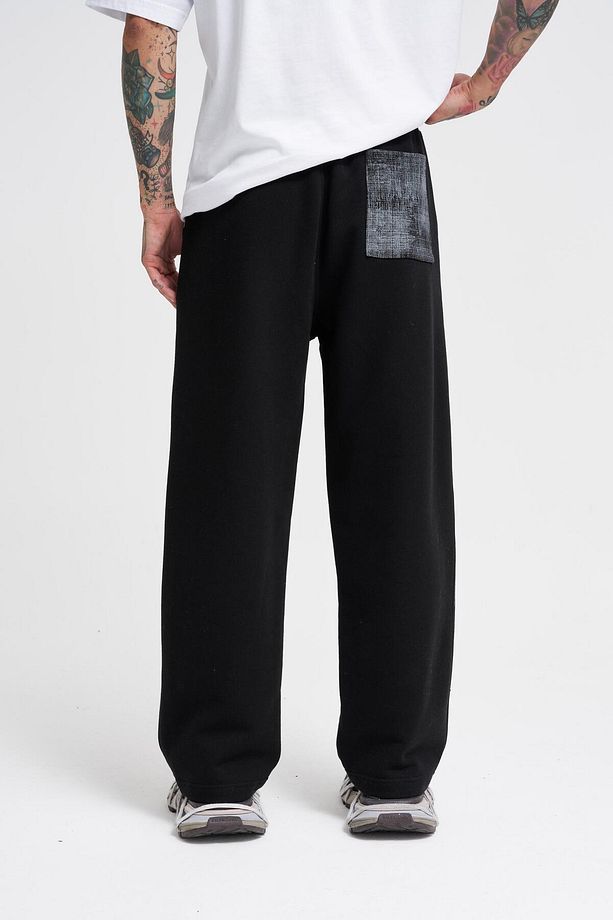 Erkek Distressed Printed Baggy Siyah Eşofman Altı - 4