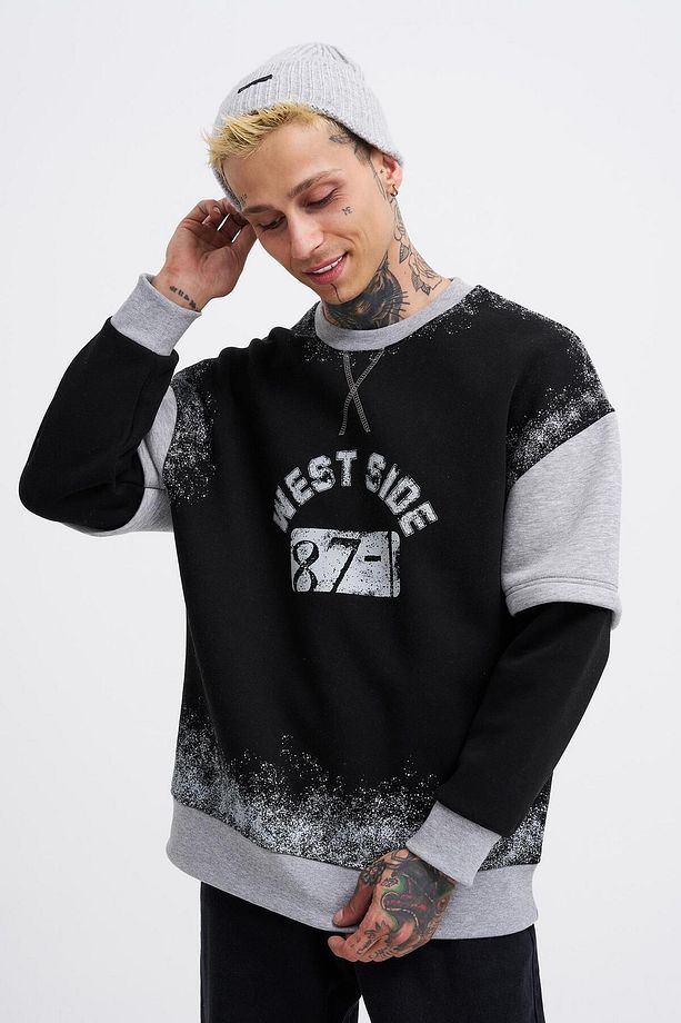 Erkek Double Layer Siyah Sweatshirt - 2