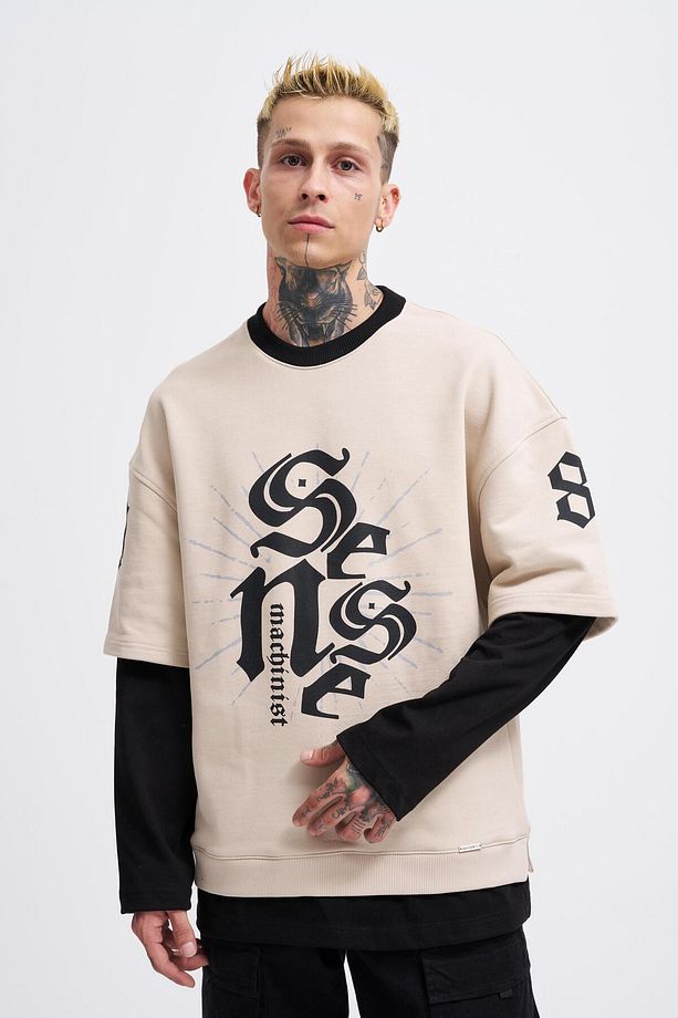 Erkek Contrast Layerd Açık Bej Siyah Sweatshirt - 4