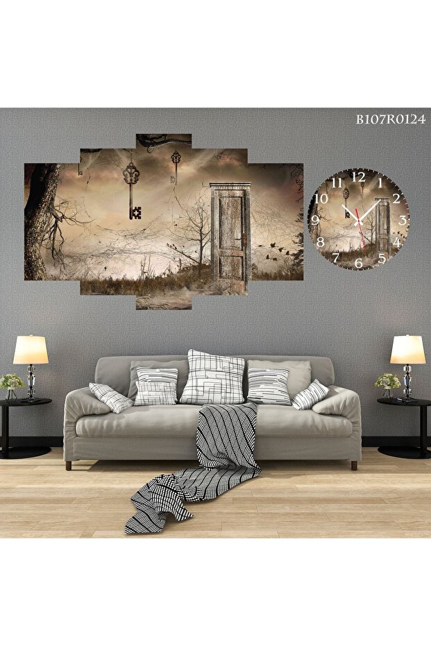 Parçalı Ahşap Duvar Tablo 5 Parça Set Ve Saatli - 1