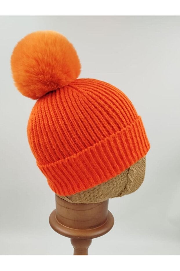 Orange Knitted Folded Pompom Beanie